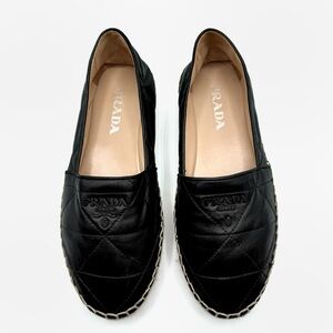 Prada Black Logo Quilted Leather Espadrille Sandals Flats Shoes